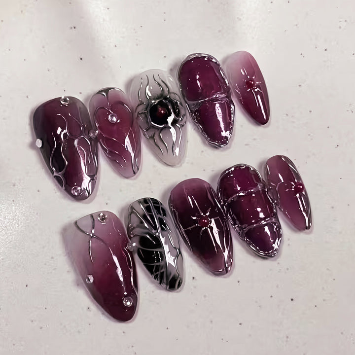 Premium Künstlerische Press-On Nagelkunst Set mit Gothic-Spinnen-Design