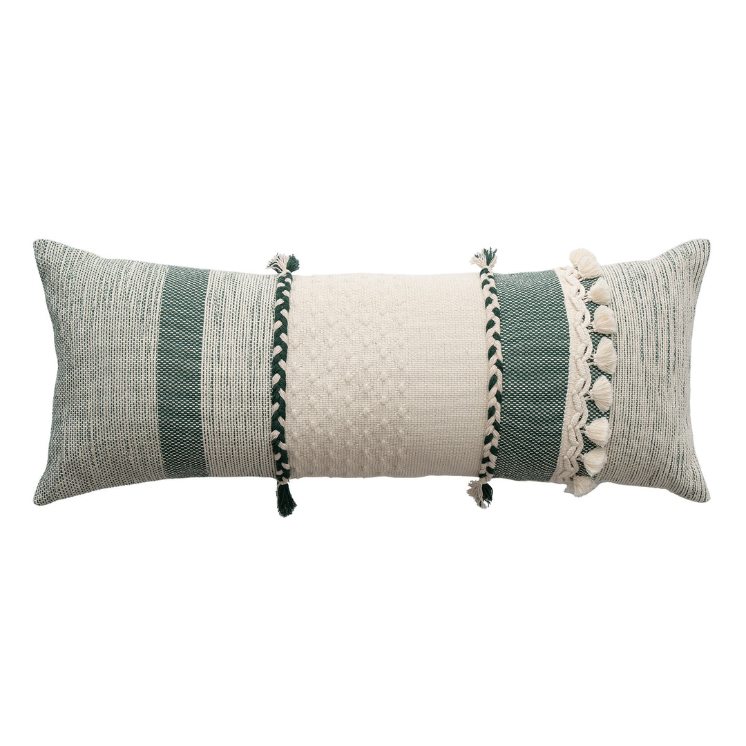 Rechteckiges Boho-Lumbar-Kissen mit geflochtenen Bändern und Quasten