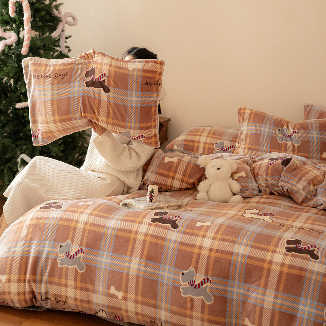 Kinder-Bettwäsche-Set aus kuscheligem Flanell mit kariertem Tiergesichter-Print und Reißverschluss