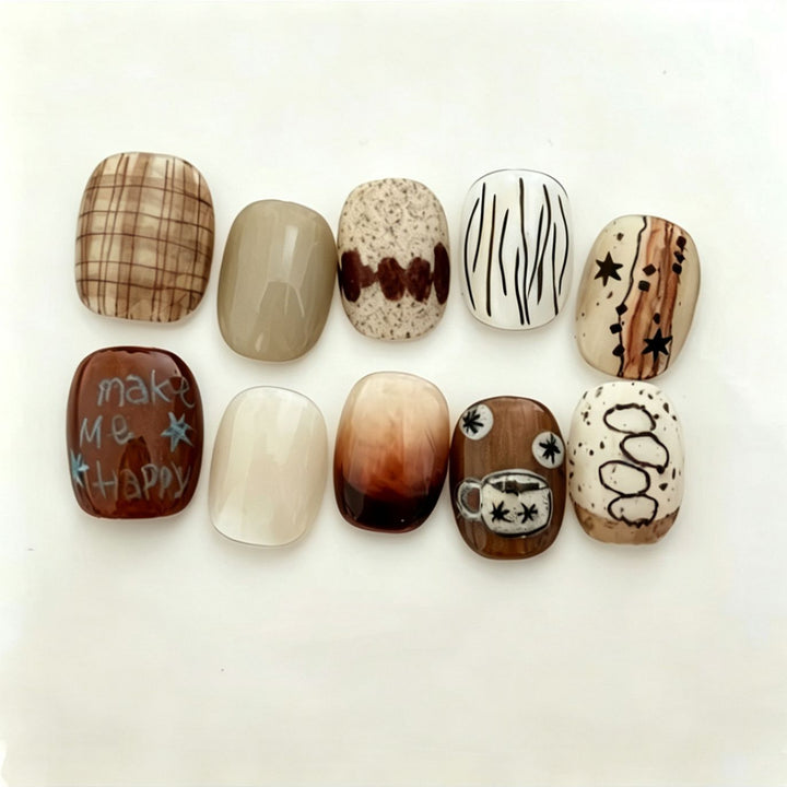 Künstlerisches Kaffee-inspiriertes Press-On Nagelkunst Set Karnz