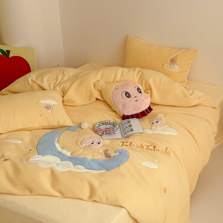 Kinder-Bettwäsche-Set aus weichem Fleece mit bestickten Mond- und Kuschelapplikationen