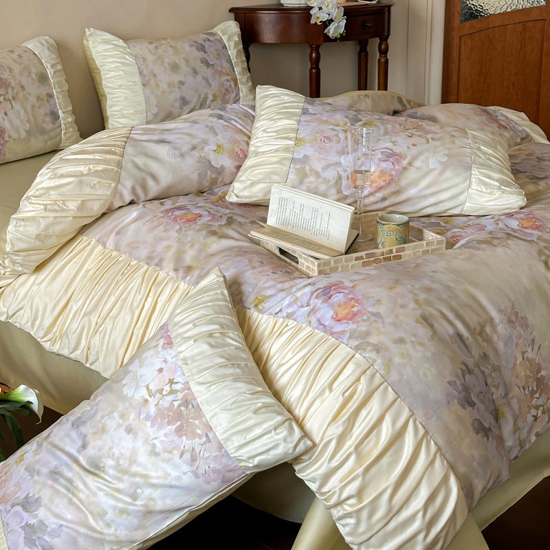 Pastell Aquarell Floral Satin-Trim Rüsch Bettbezug Set