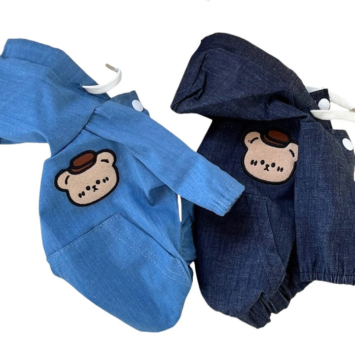 Denim-Look Kapuzenjacke für Haustiere mit Bären-Applikation & Kängurutasche