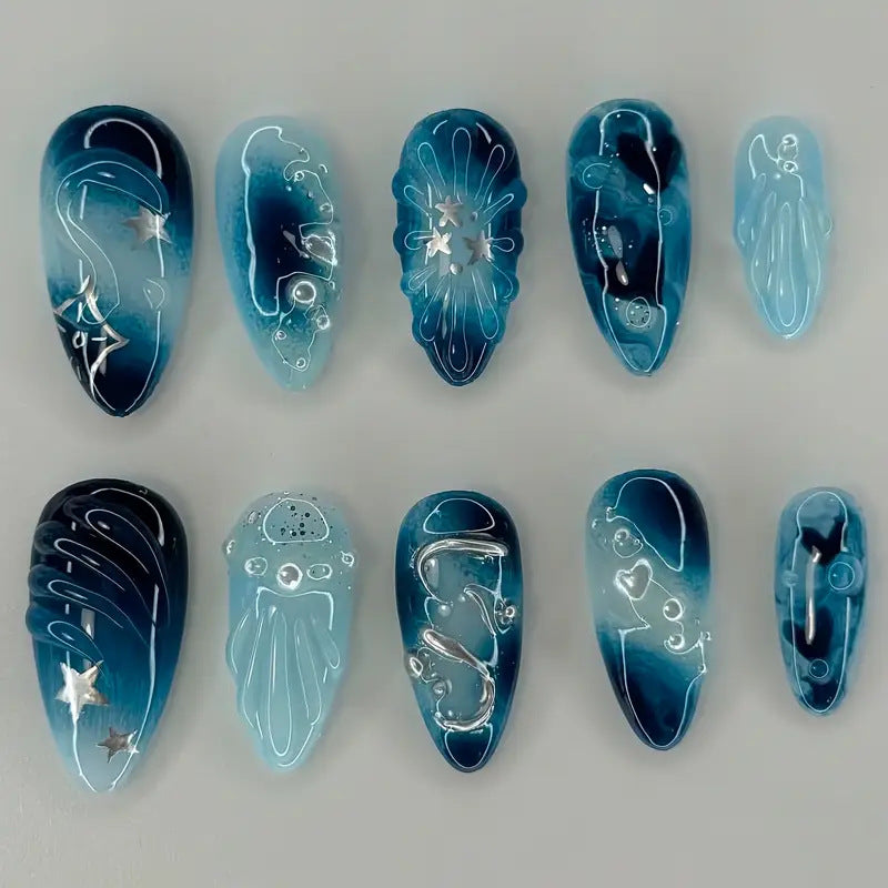 Künstlerische ozeanische Press-On-Nagelkunst Karnz