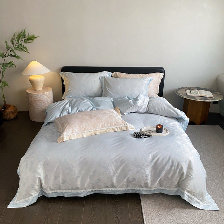 Luxuriöser Satin-Jacquard Bettbezug Set mit Spitzenbesatz Kissenbezügen