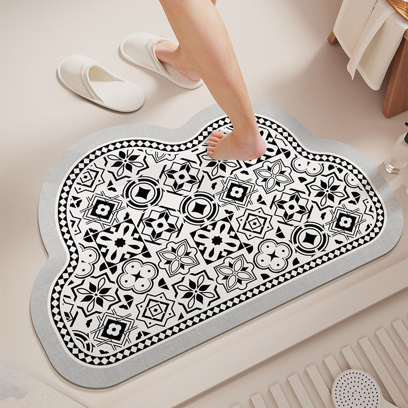 Cloud-Shaped Absorbent Microfiber Bath Mat with Non-Slip Backing and Palm Leaf Print