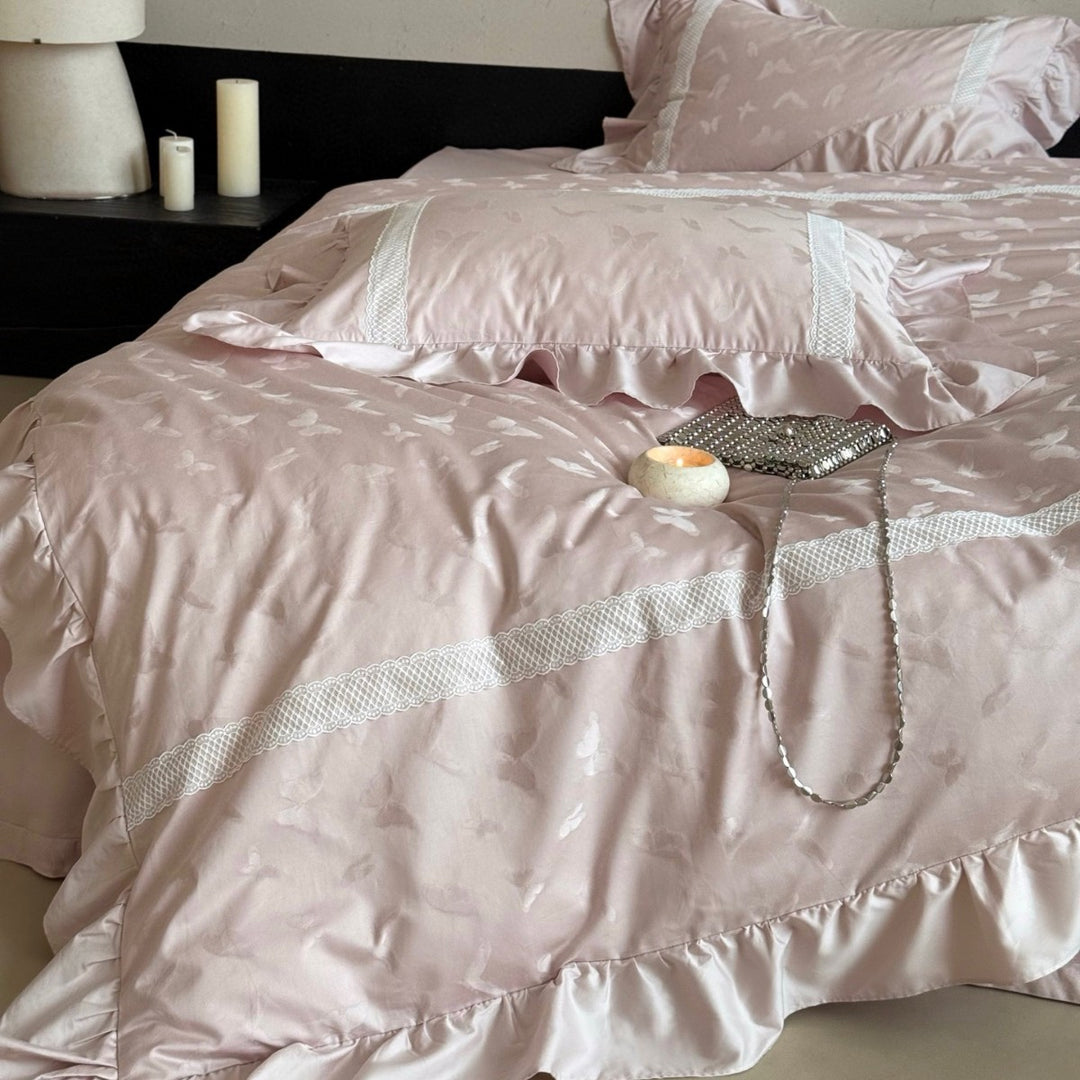 Rüschen Jacquard Schmetterlings Baumwollsatin Bettwäsche Set
