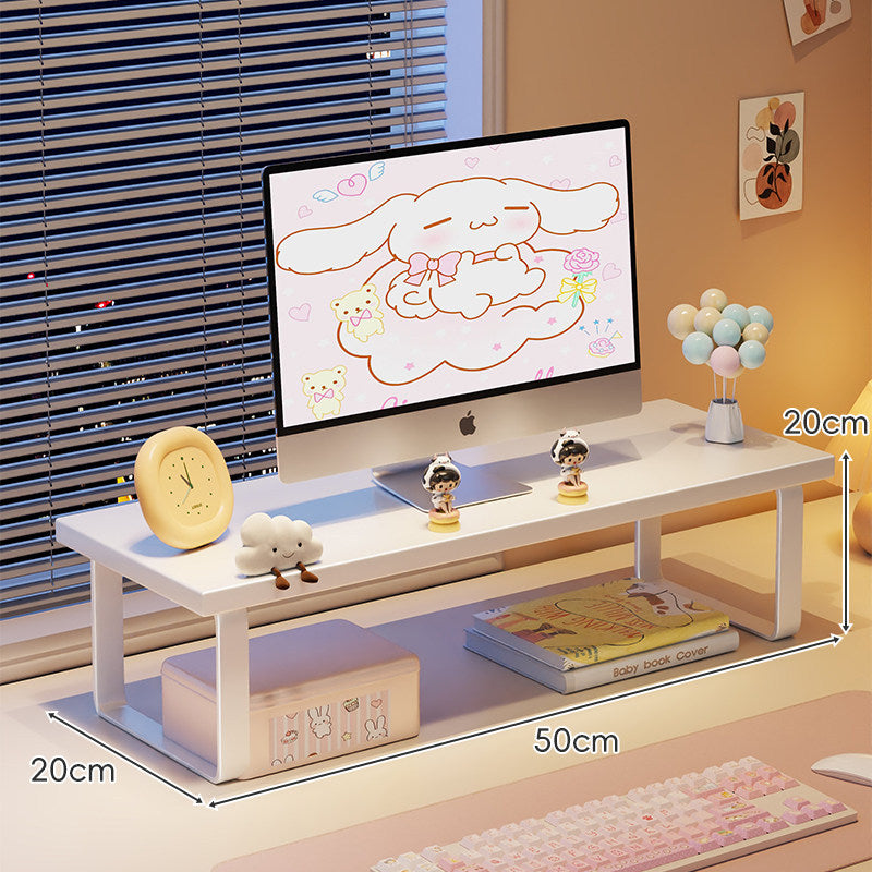 Kompakte Holz-Desktop-Monitorerhöhung mit Metallbeinen und unterer Ablagefläche