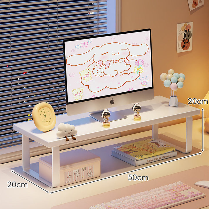 Kompakte Holz-Desktop-Monitorerhöhung mit Metallbeinen und unterer Ablagefläche