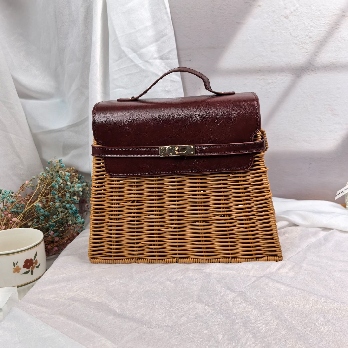 Damen eleganter geflochtener Handtasche mit Holzdeckel Karnz