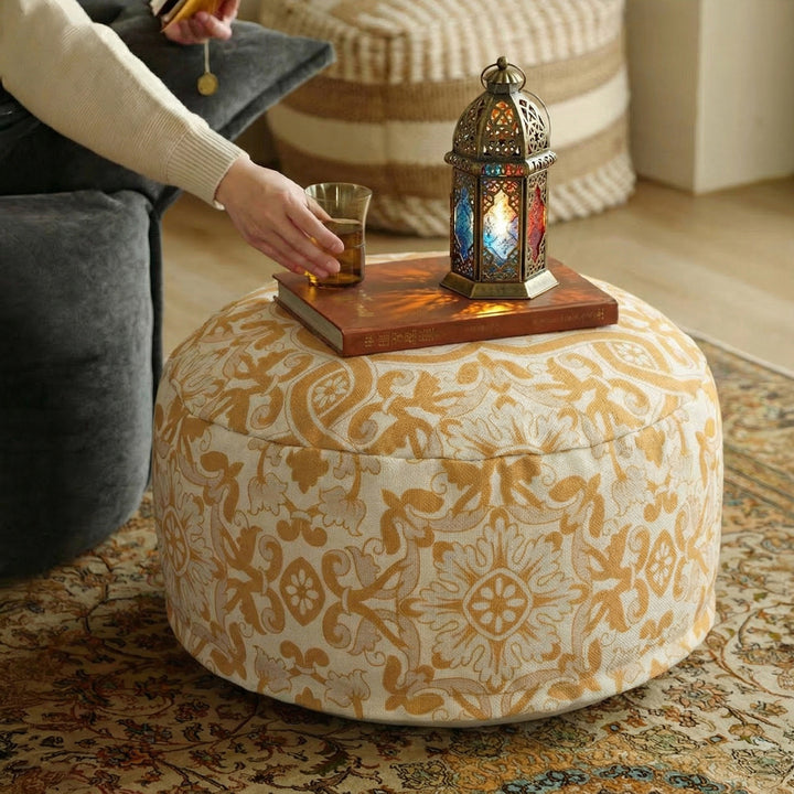 Runder Boden-Pouf mit gewebtem Ornamentmuster und Tragegriff Karnz