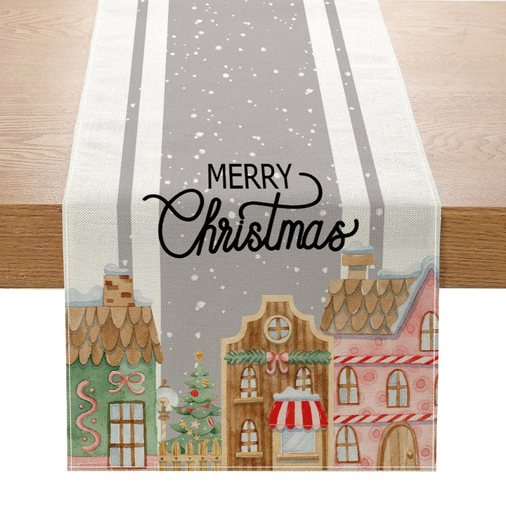 Festive Buffalo-Check Leinen-Textur Weihnachts Tischläufer mit Baum und Schaukelpferd Druck