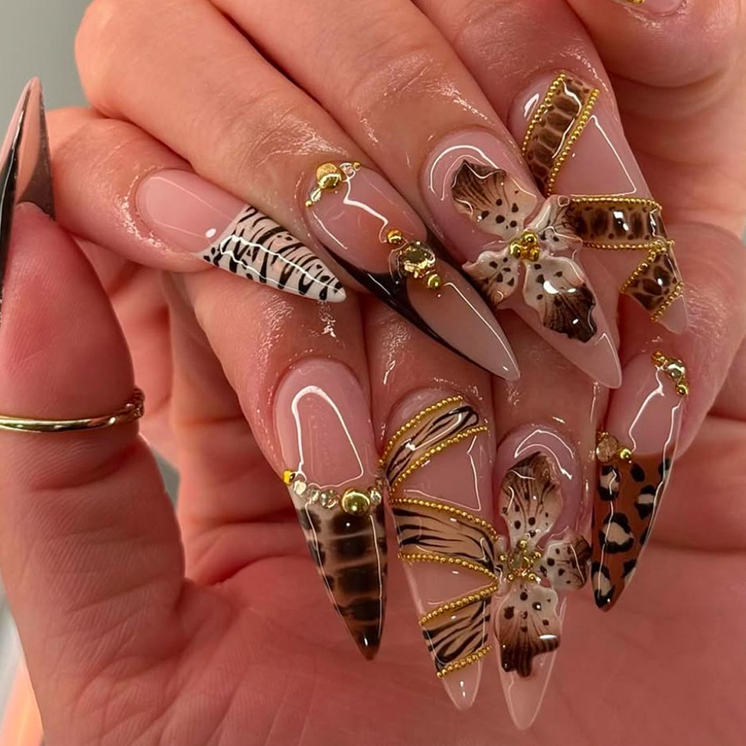 Künstliche Stiletto Kunstnägel mit Glamourösen Tiermotiven Karnz