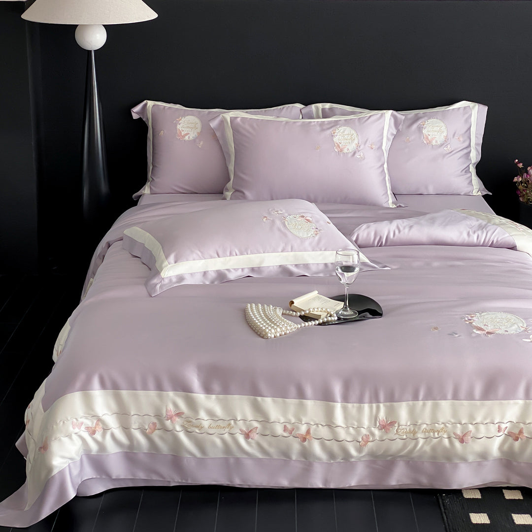 Bestickte Satin-Feel Schmetterlings Bettbezug Bettwäsche Set