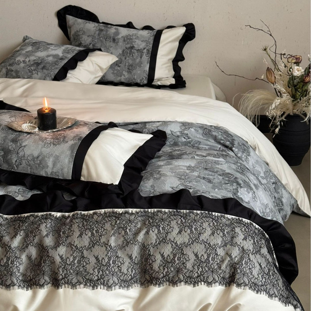 Elegantes Satin-Mischgewebe Bettwäsche Set mit Rüschensaum, Spitze Applikationsband & Wendbarem Botanischem Druck Kissenbezügen