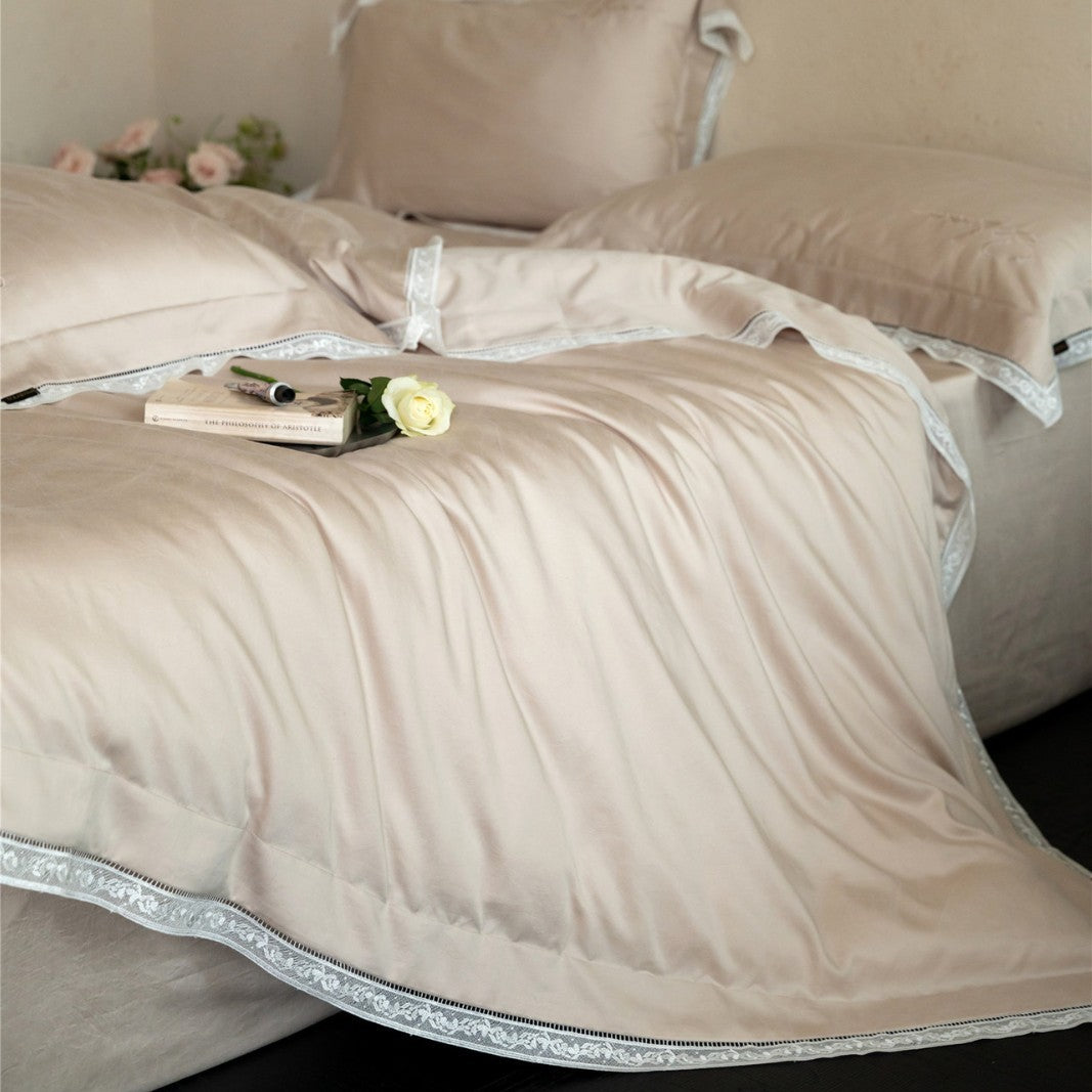 Luxus Baumwollsatin Bettbezugset mit besticktem Spitzenrand