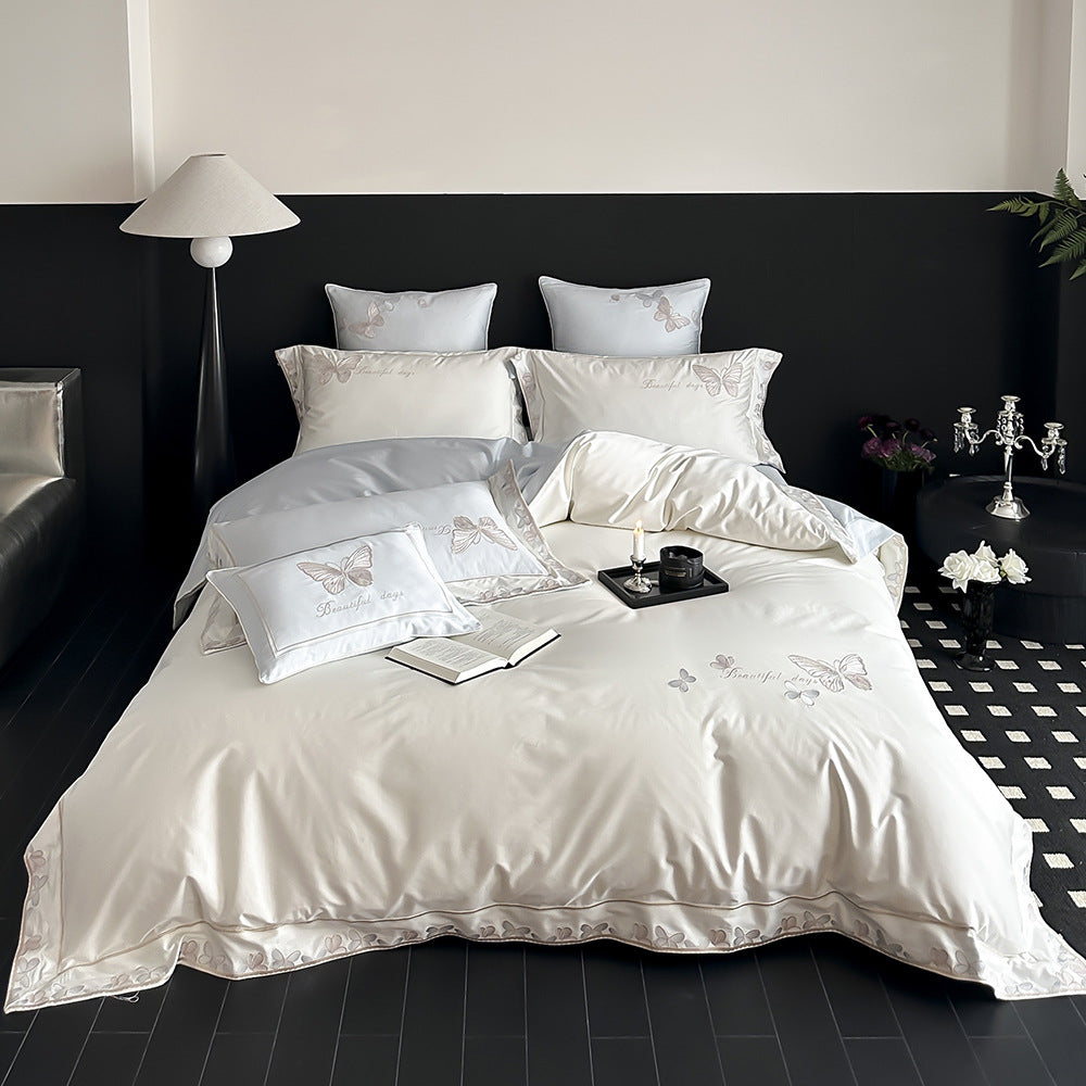 Bestickte Schmetterling Baumwollsatin Bettbezug Set