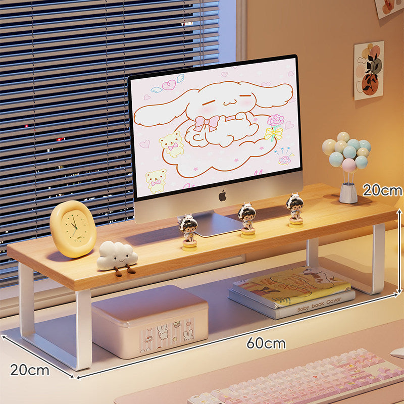 Kompakte Holz-Desktop-Monitorerhöhung mit Metallbeinen und unterer Ablagefläche