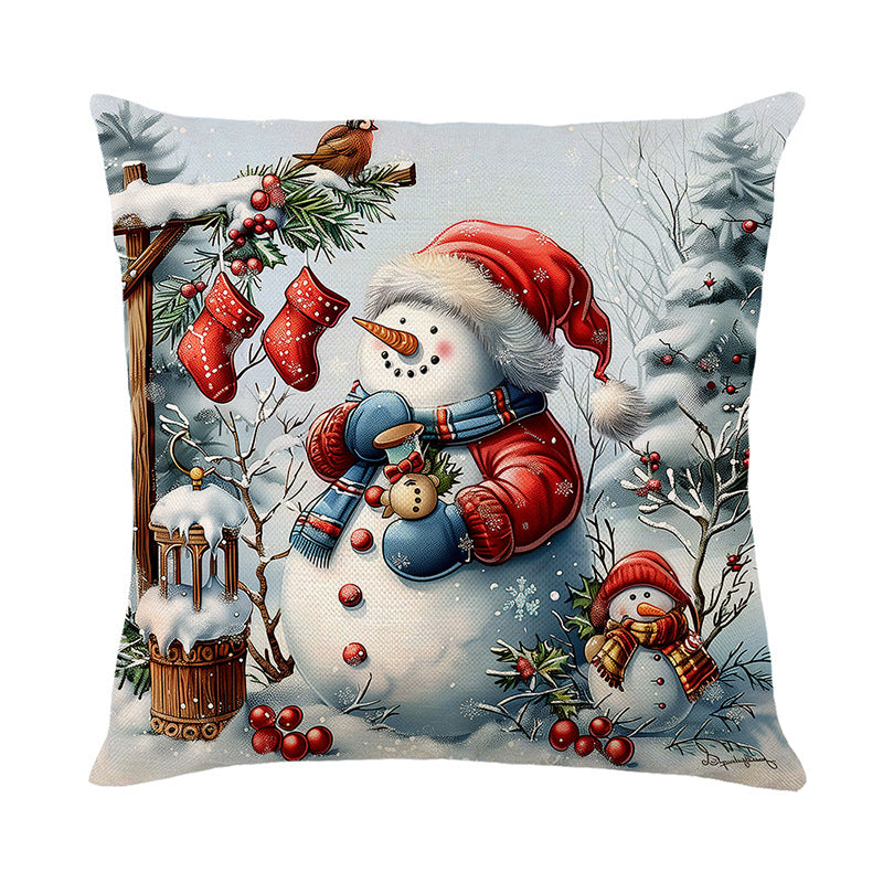 Urlaubsfestliche Leinenmischung Quadratische Kissenbezug mit Schneemann und Winterlandschaft Druck