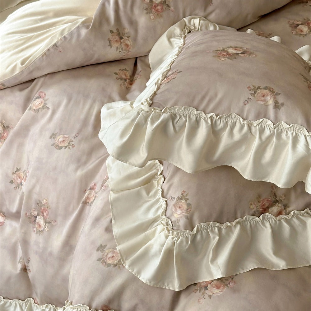 Vintage Rüsch Blumen Bettdecken-Set mit Kissenbezügen