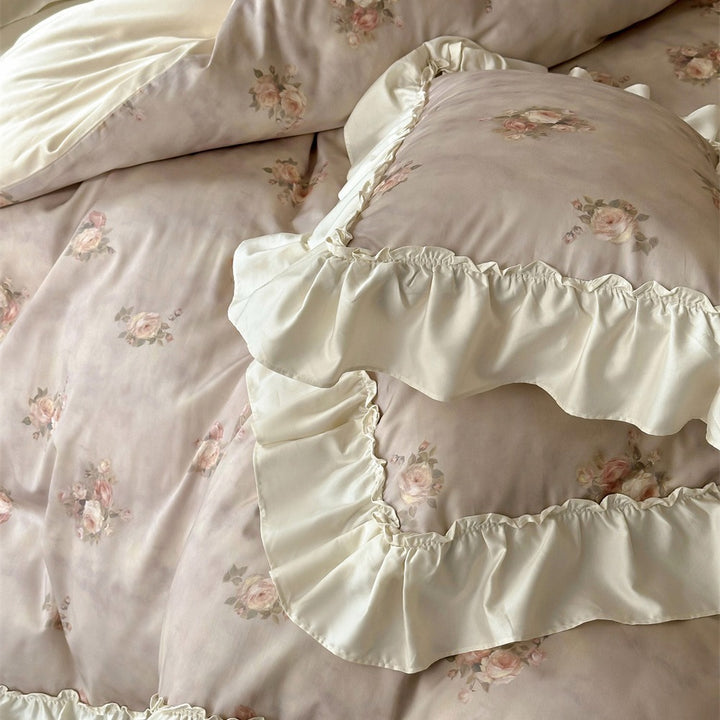 Vintage Rüsch Blumen Bettdecken-Set mit Kissenbezügen