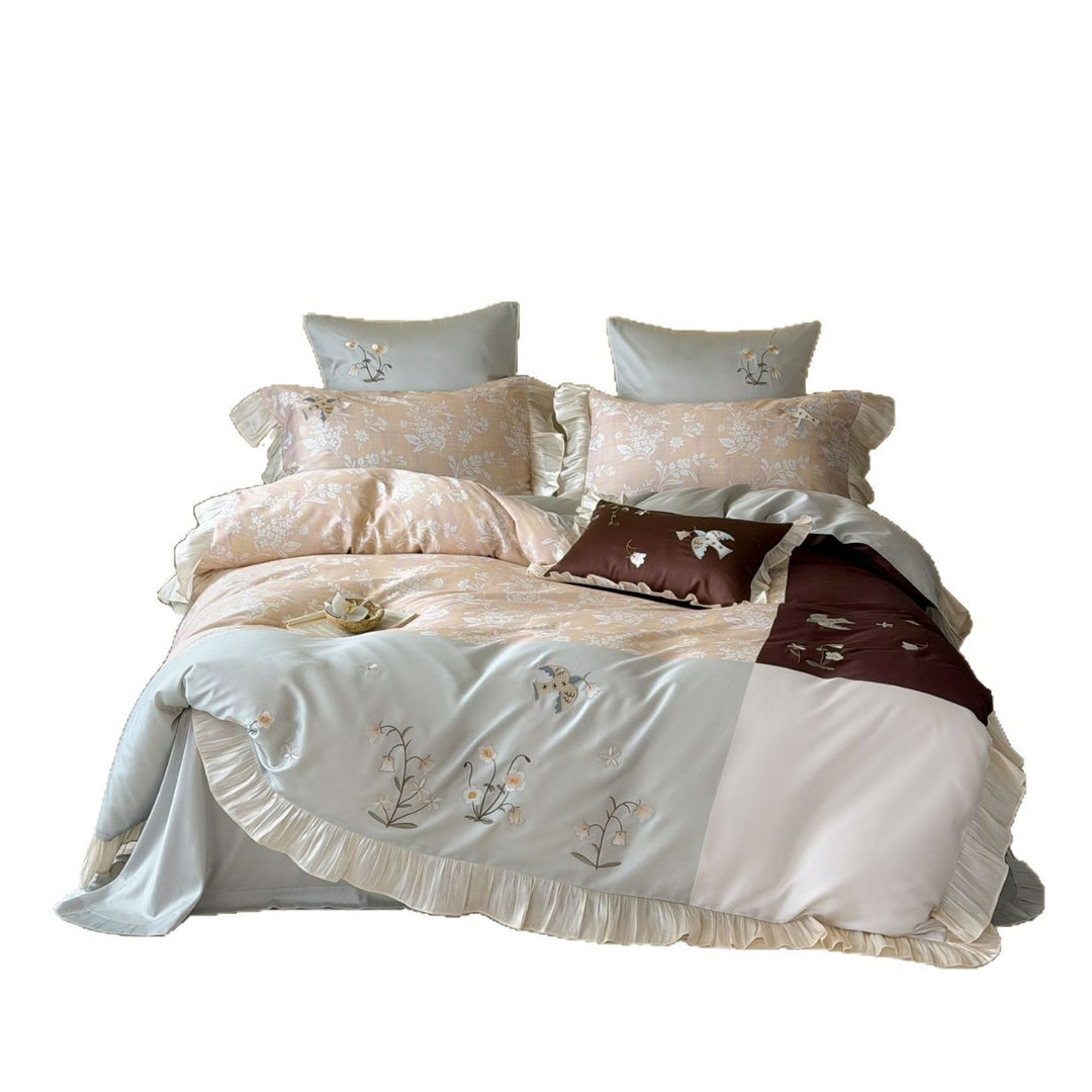Satin-Mischgewebe Botanisch Bestickte Bettwäsche Set mit Rüsche Saum und Kontrastpanel