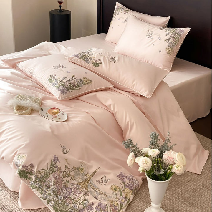 Luxuriöser Satin bestickter Bettbezug Set mit floralem Pariser Motiv