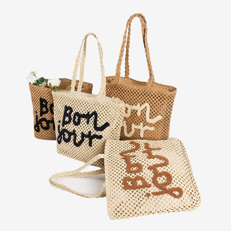 Damen Handgefertigte Strohtasche mit trendy Schriftzug Karnz