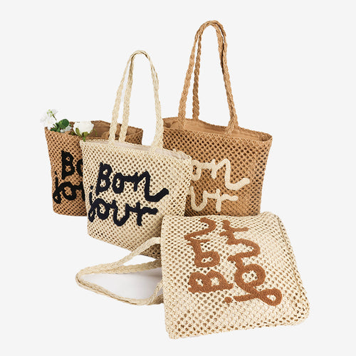 Damen Handgefertigte Strohtasche mit trendy Schriftzug Karnz