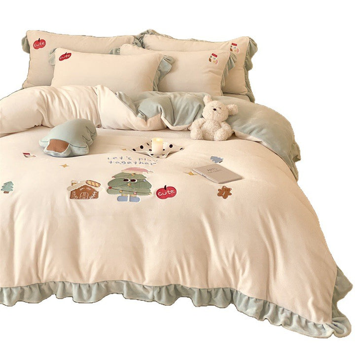 Verspieltes Baumwoll-Bettbezug-Set mit applizierten Obstmotiven und Rüschenkissen