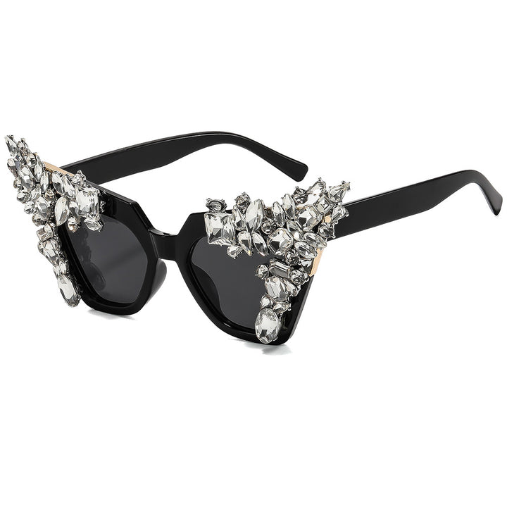 Damen glamouröse Cat-Eye-Sonnenbrille mit extravagantem Kristallbesatz Karnz