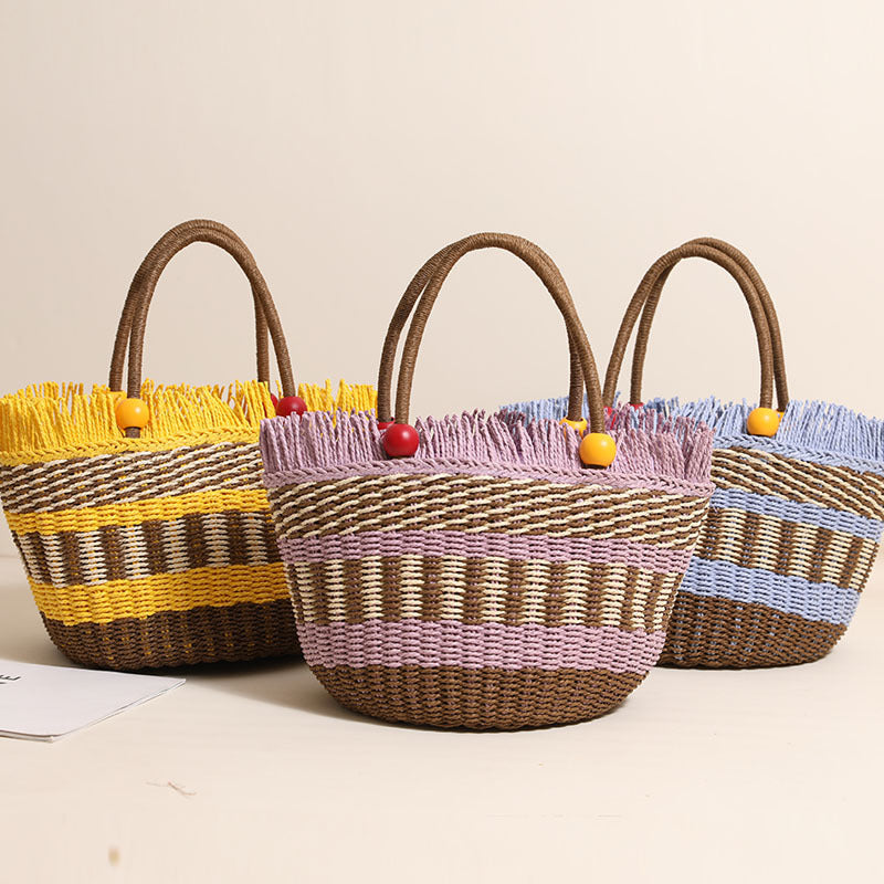 Damen Bequeme Strandtasche mit buntem Fransenbesatz Karnz