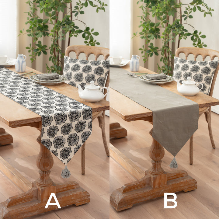 Eleganter Leinen-Tischläufer mit Quasten und dekorativem Druck