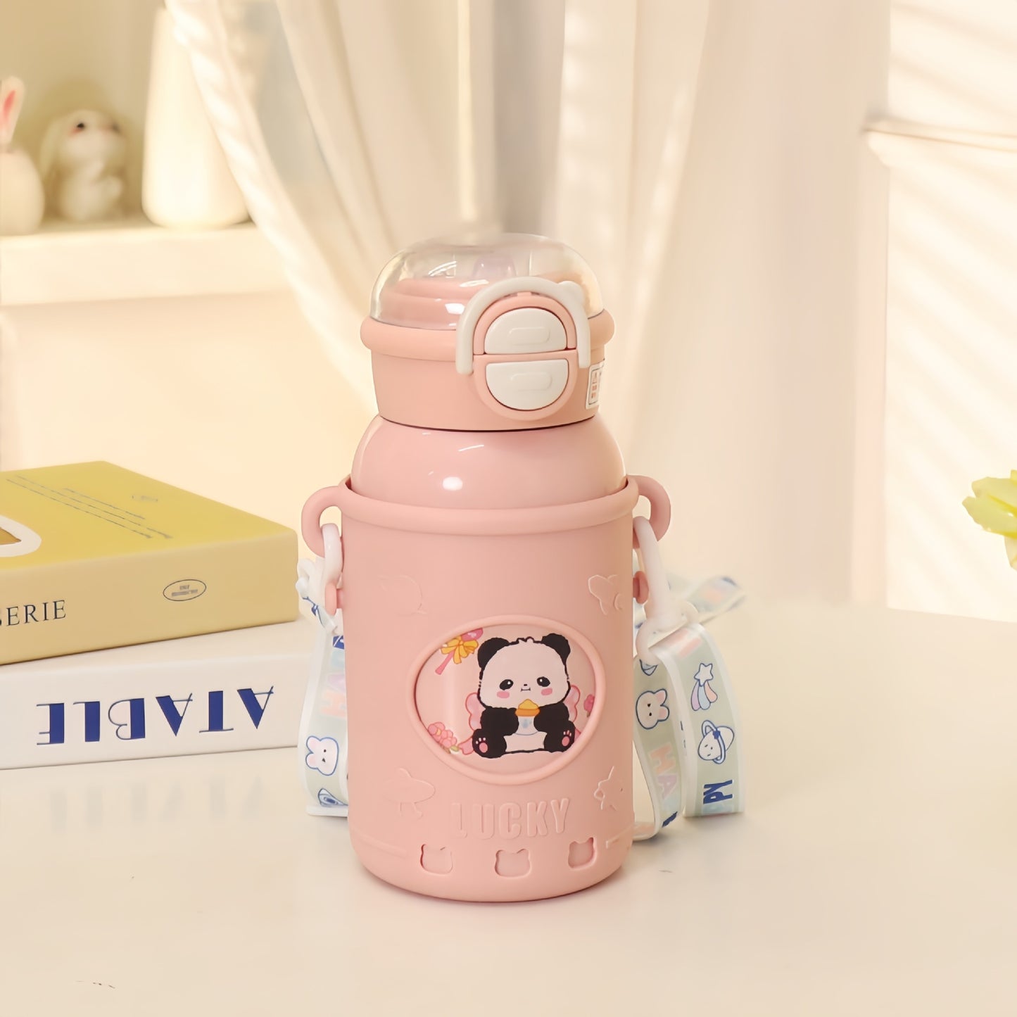 Damen Isolierte Trinkflasche mit praktischem Tragegurt und niedlichen Panda-Motiv Karnz