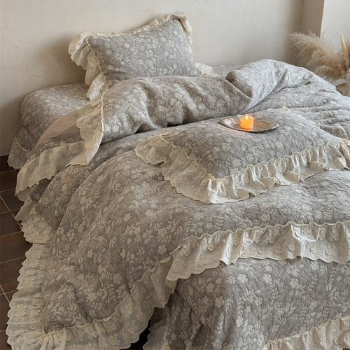 Vintage Floral Ge quiltetes Bettwäscheset mit Spitzenkante
