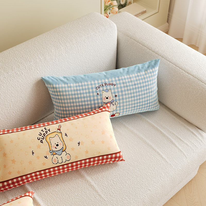 Cartoon Puppy Gingham Square Throw Pillow Cover with Hidden Zipper Linen-Blend Texture