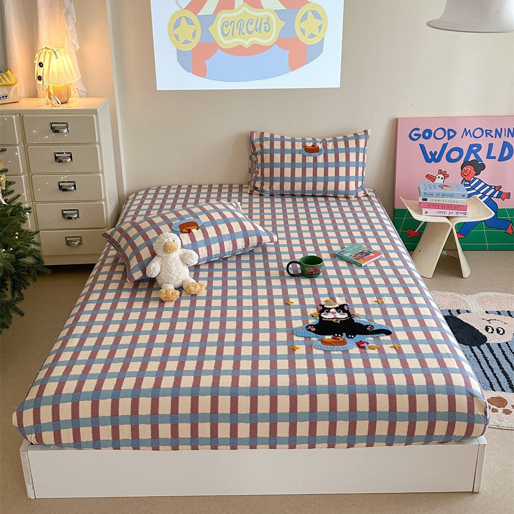 Gingham-Check-Baumwoll-Spannbettlaken und Kissenbezug Bettwaren-Set mit gesticktem Teddy