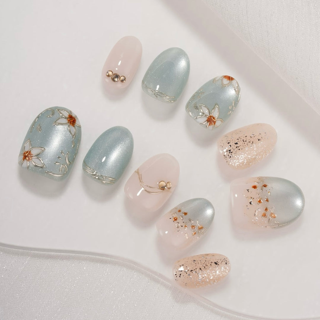 Dekorativer Press-On Nagelkunst Set mit einzigartigen floralen Akzenten