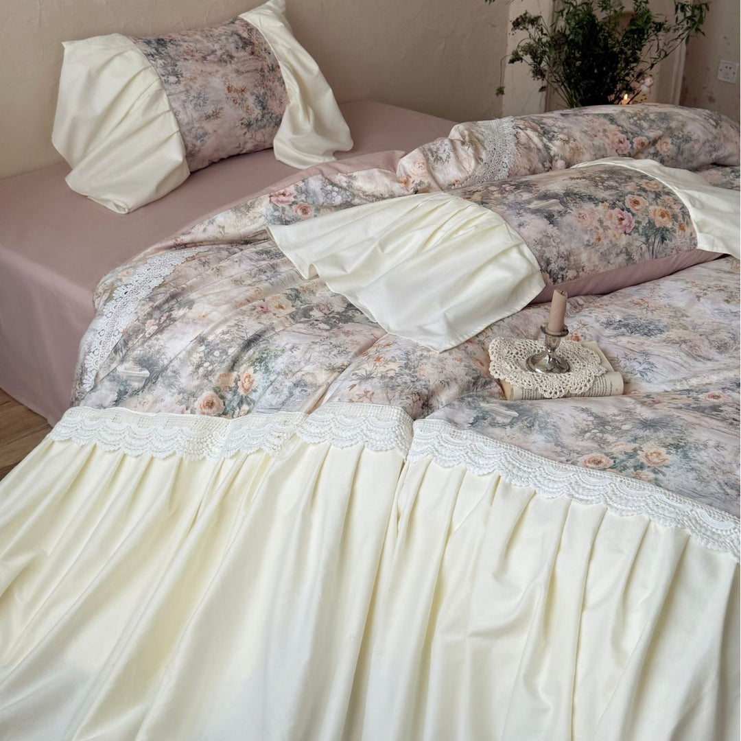Vintage Floral Ruffled Bettbezug Ensemble mit gerafftem Bettrock