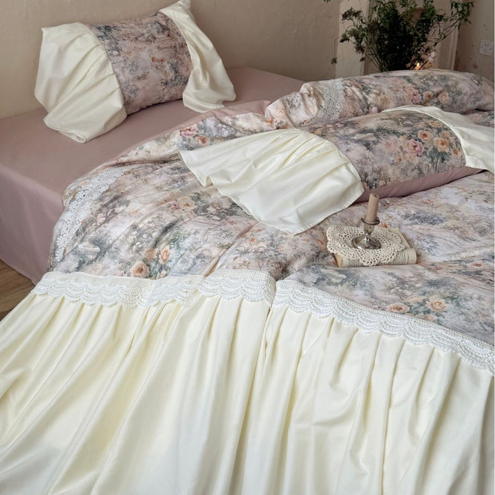 Vintage Floral Ruffled Bettbezug Ensemble mit gerafftem Bettrock