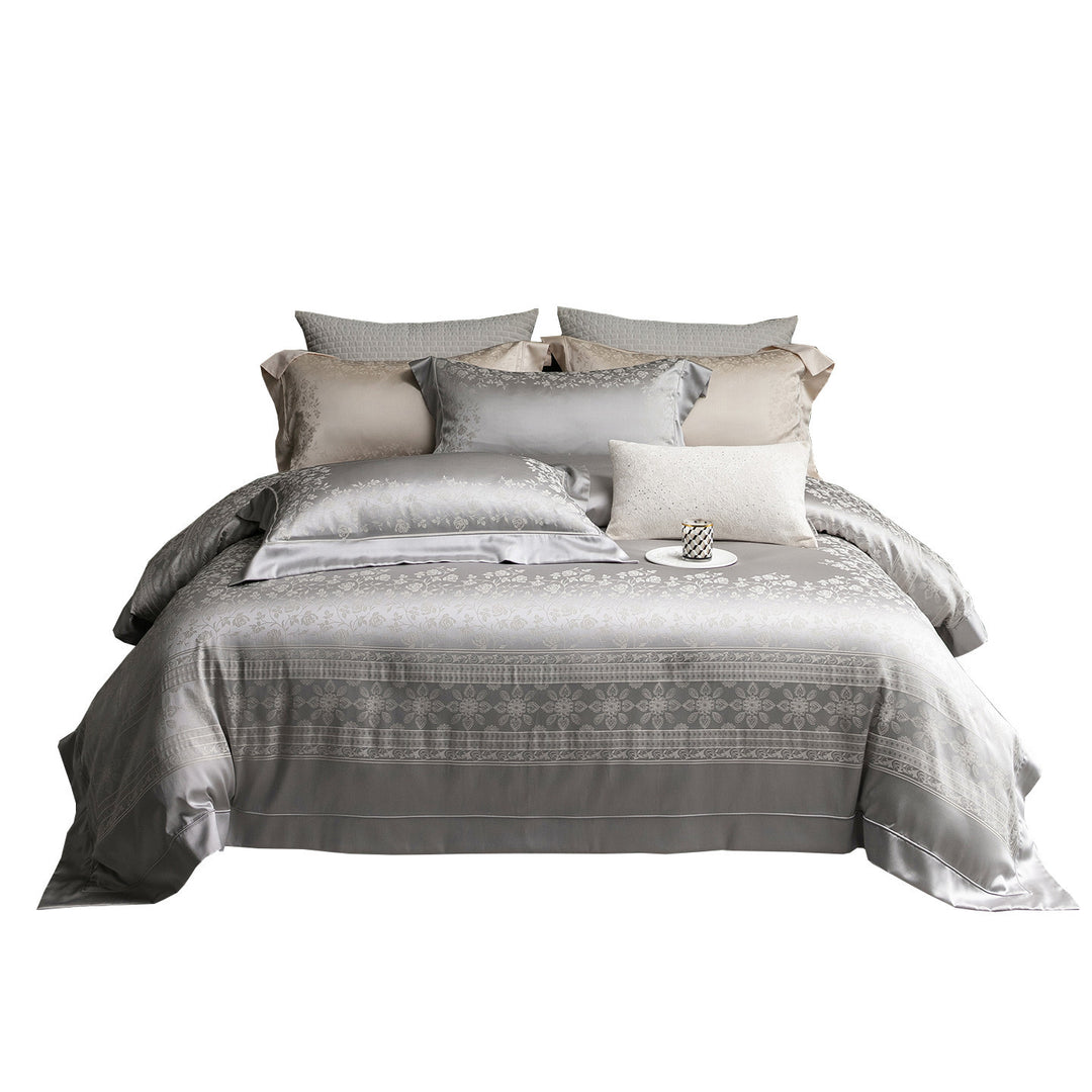 Seiden-Feel Jacquard Satin Bettbezug Set mit geprägt floralem Rand