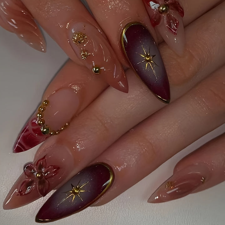 Künstlerische Stiletto-Press-On-Nägel mit floralen und sternförmigen Designs Karnz