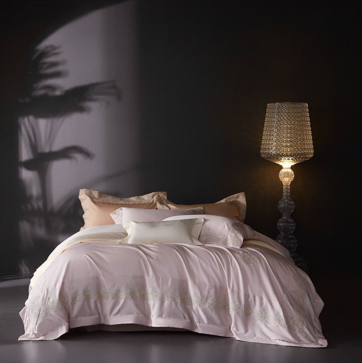 Luxuriöses Satin-Feel Besticktes Spitzenbesatz Bettwäsche Duvet Decken Set
