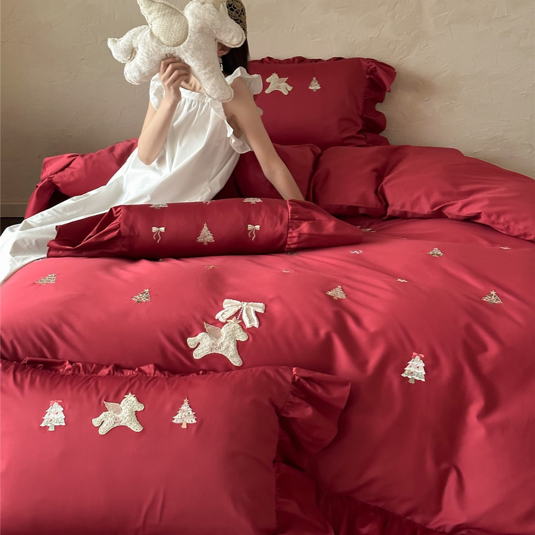 Besticktes Rüschensatin-Bettwäsche Set mit dekorativem Bolster und Kissenbezügen