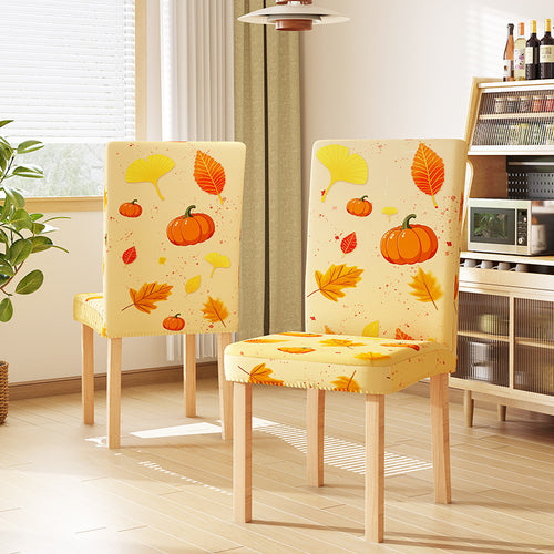 Stretch-Stuhlhusse mit herbstlichem Kürbis- und Blättermotiv