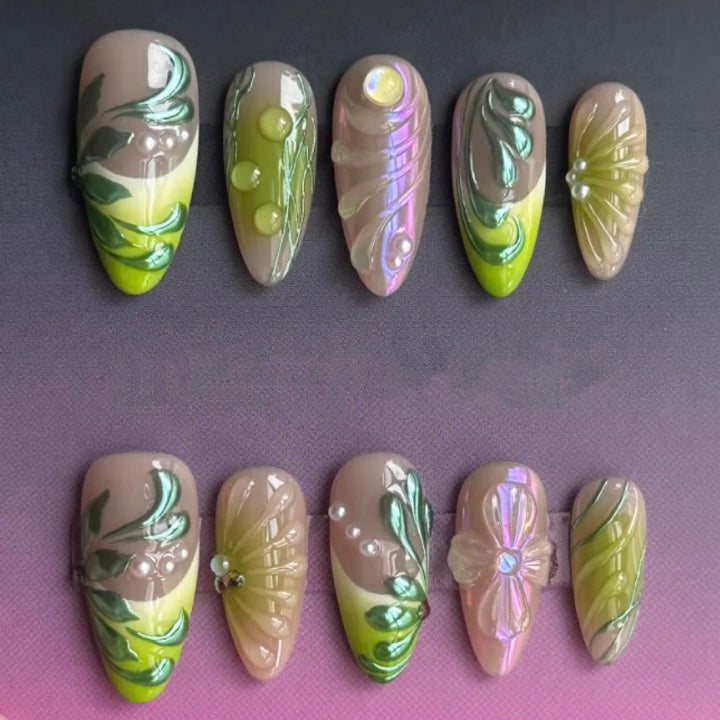 Künstlerisch Floral-Inspirierte Press-On Nagelset