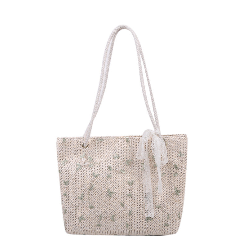 Woven Straw Strandtasche mit dekorativem Band