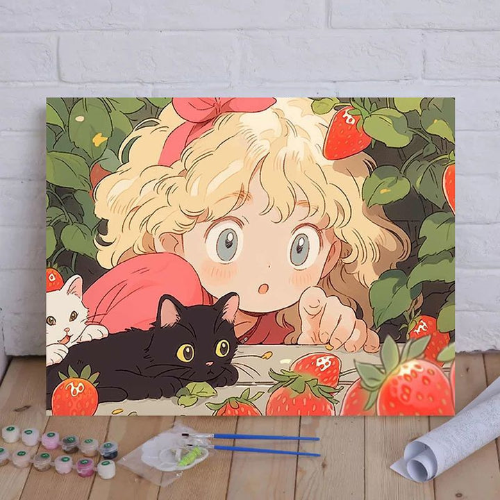 Cartoon Cat und Mädchen Themenleinwand Malset nach Zahlen Karnz