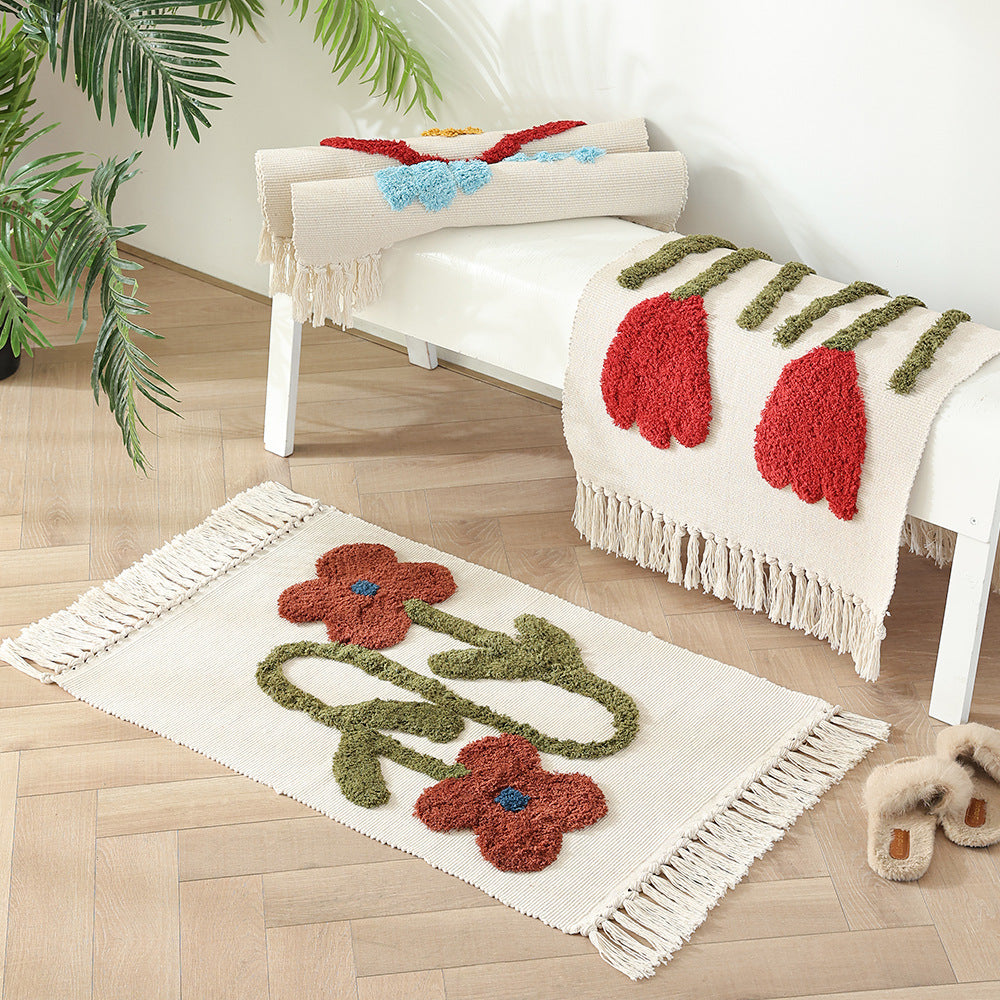 Handgewebter Baumwoll-Badmattenteppich mit Tufting-Blumenapplikation und Quasten Karnz