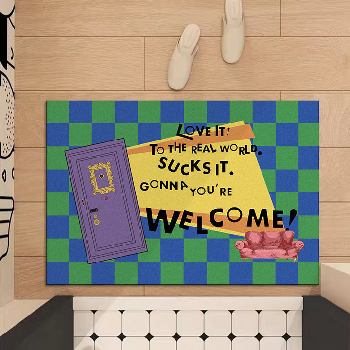 Retro Illustrated Welcome Doormat with Printed Door and Couch Design